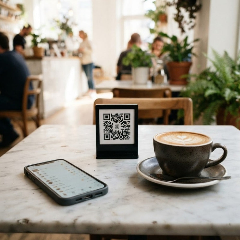 QR-Aufsteller auf einem Café-Tisch