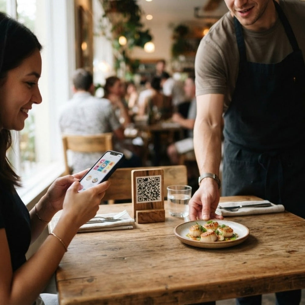 QR-Aufsteller auf einem Restauranttisch