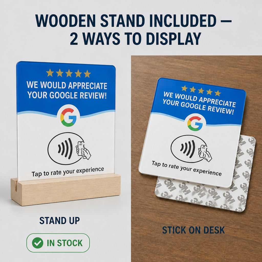 Set of 4 acrylic NFC cards with wooden base