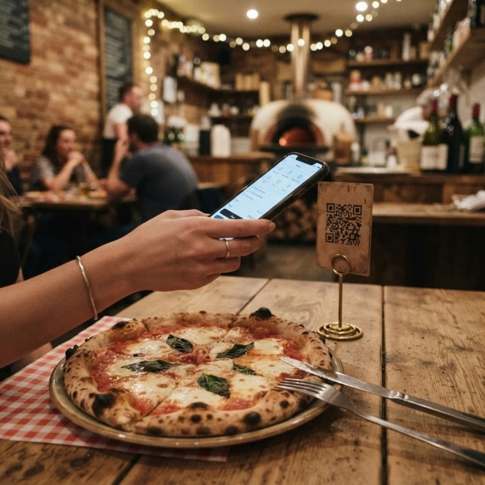 Kunde scannt einen QR-Code in der Pizzeria