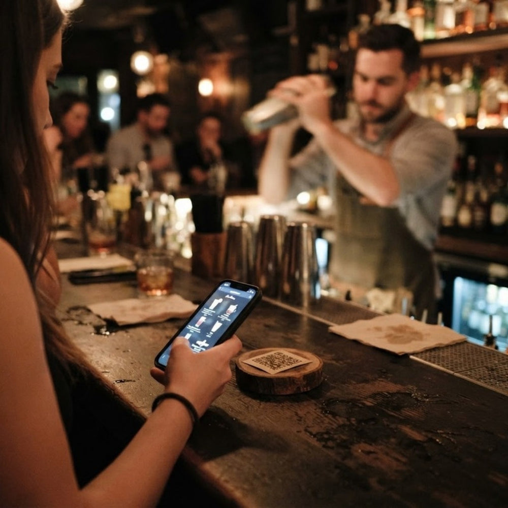 Kunde scannt einen QR-Code an der Bar