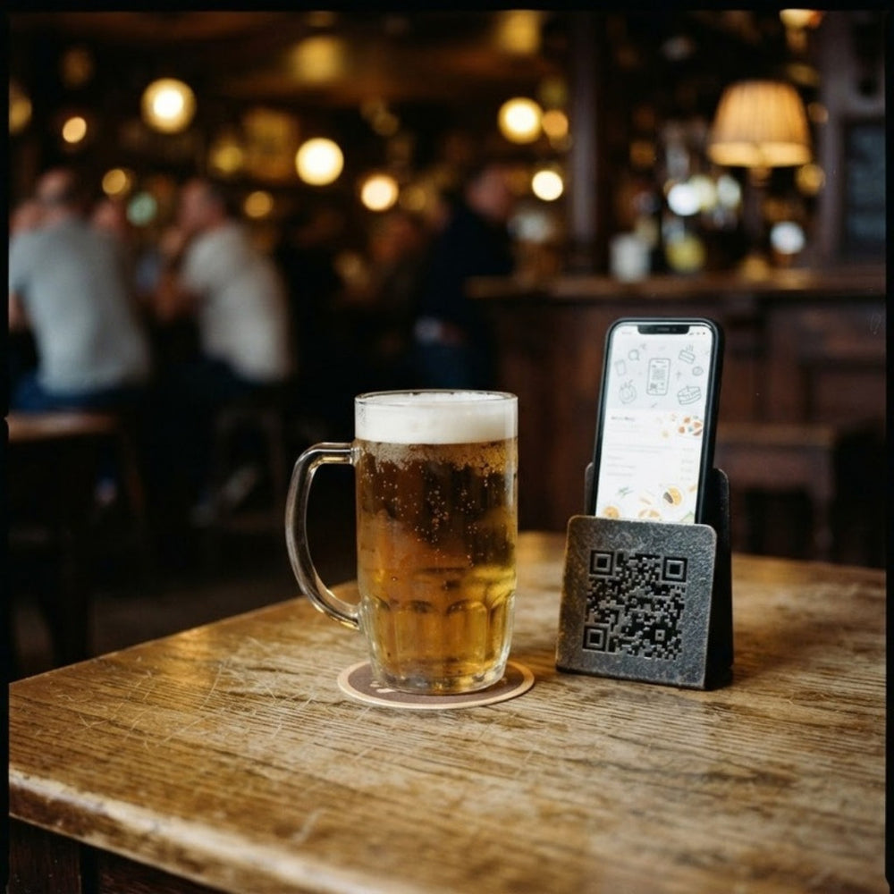 Bier und QR-Aufsteller auf einem Pubtisch