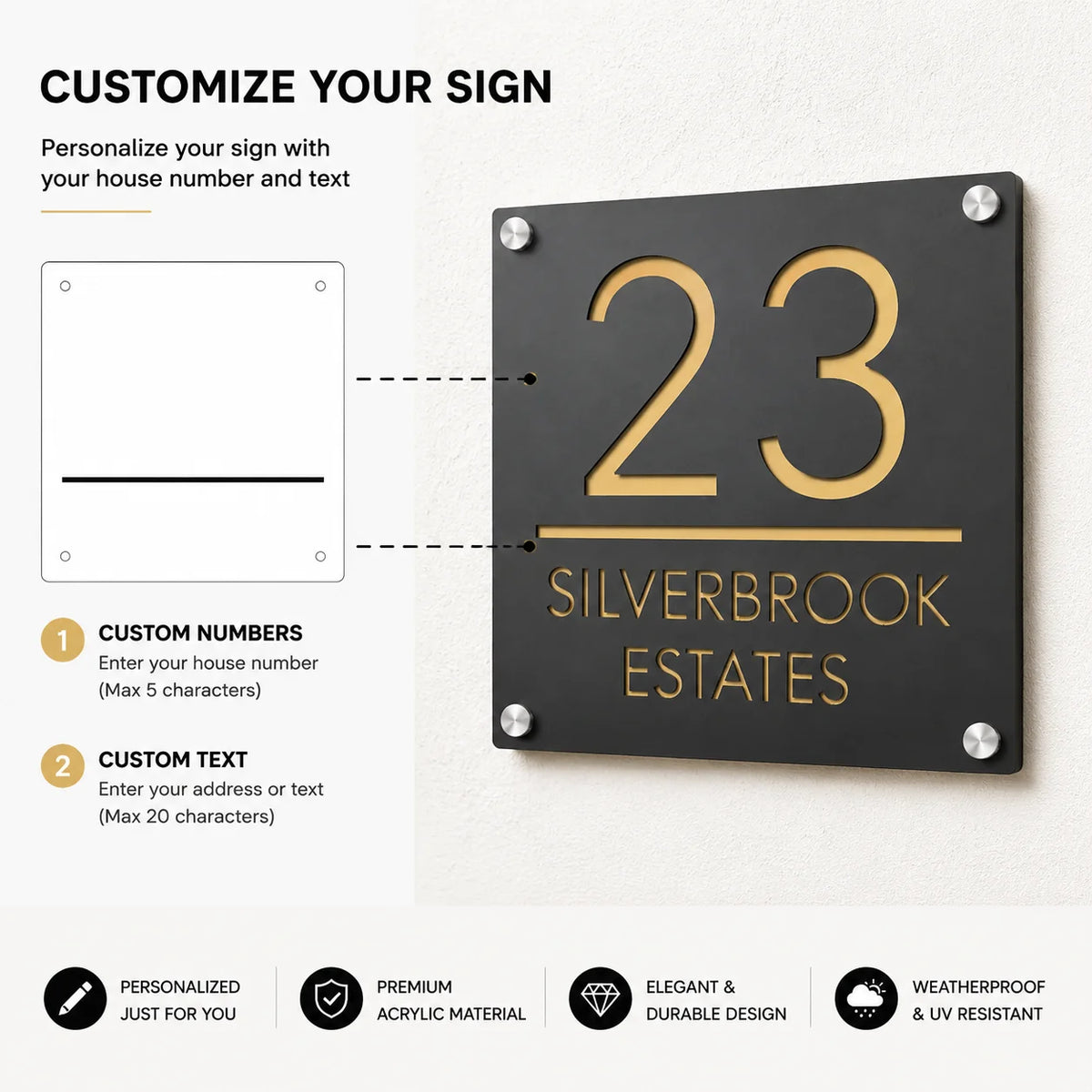 Custom Acrylic House Number Plate – 30x30 cm Black/Gold