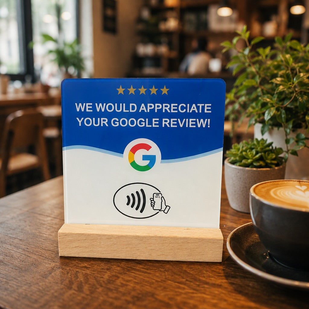 Set of 4 acrylic NFC cards with wooden base